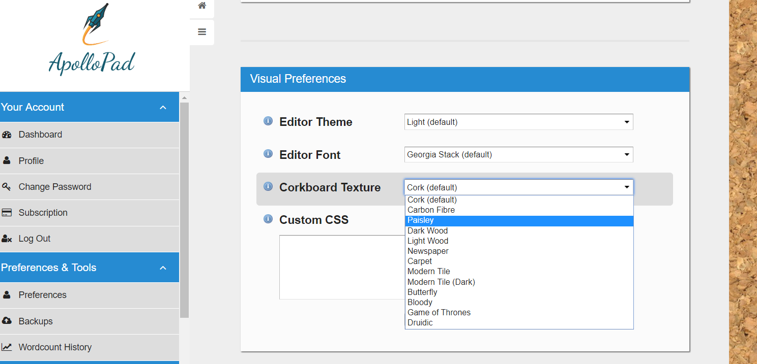 Visual preferences | ApolloPad, distraction free novel writing tool